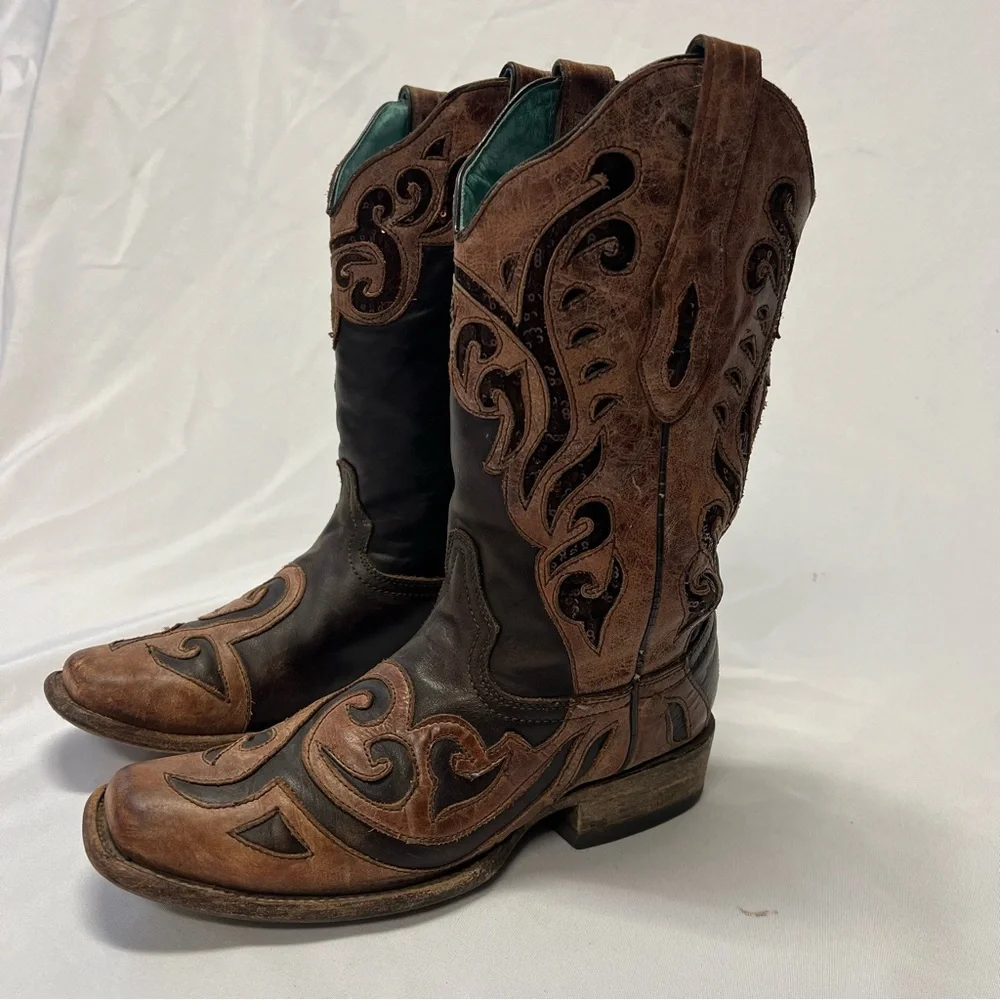 Corral Women’s Leather Two Tone Inlay Brown Square Toe Cowboy Boots Size 9.5 - Picture 2 of 9